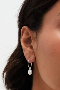Recycled Sterling Silver 925 Ribbed Hoop Pearl Drop Earrings