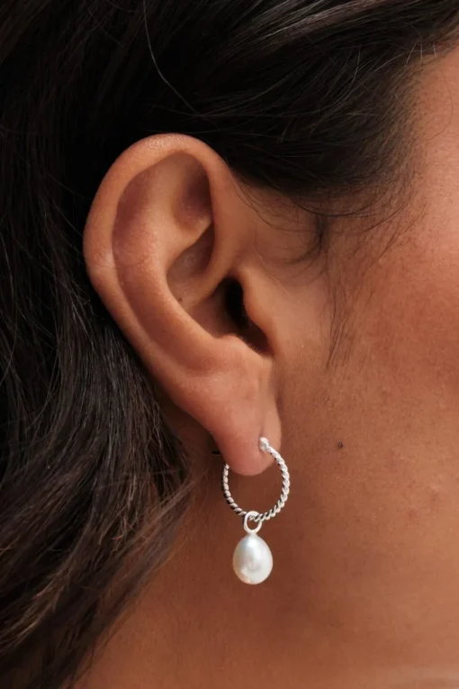 Recycled Sterling Silver 925 Ribbed Hoop Pearl Drop Earrings