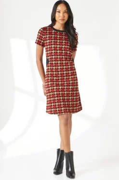 Red Dogtooth Jacquard Shift Dress
