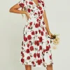 Red Floral Print High Waist Wrap Midi Dress In White