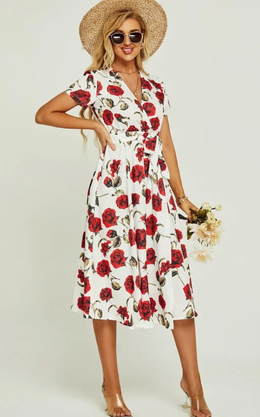 Red Floral Print High Waist Wrap Midi Dress In White