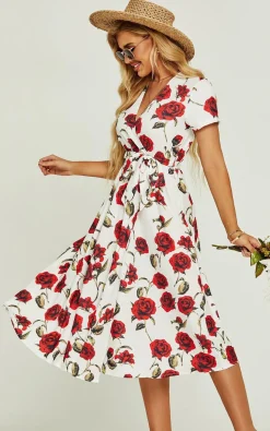Red Floral Print High Waist Wrap Midi Dress In White