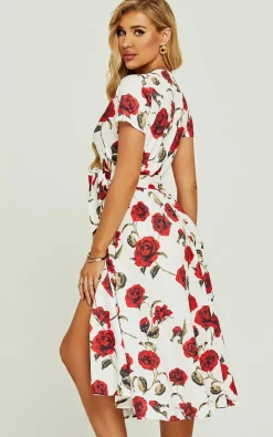 Red Floral Print High Waist Wrap Midi Dress In White