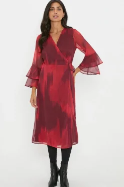 Red Ombre Flute Sleeve Wrap Dress