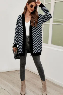 Relaxed Geometric Intarsia Cozy Soft Cardigan In Grey & Black