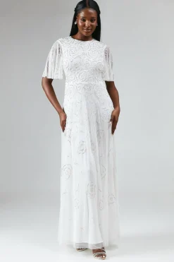 Rose Embroidered Angel Sleeve Wedding Dress