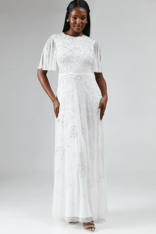 Rose Embroidered Angel Sleeve Wedding Dress