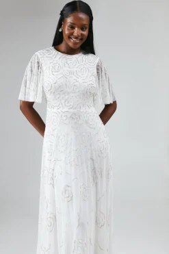 Rose Embroidered Angel Sleeve Wedding Dress