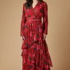 Rose printed Pleated Asymmetric Tiered Maxi Dress