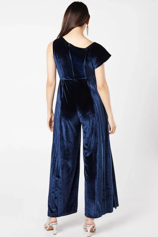 Round Neck Pleated Velvet Jumpsuit