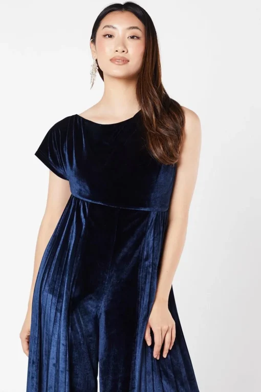 Round Neck Pleated Velvet Jumpsuit