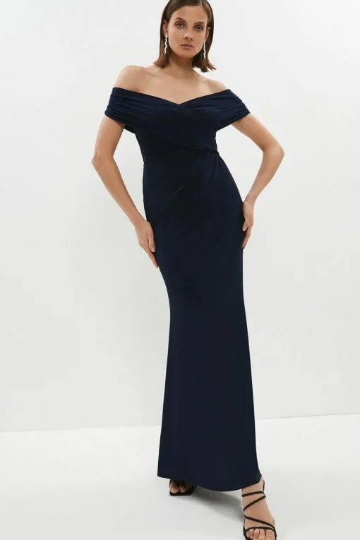 Ruched Bardot Fishtail Maxi Dress