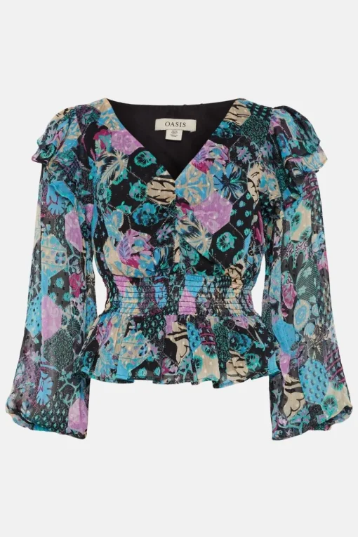 Ruched Front Dobby Floral Printed Top