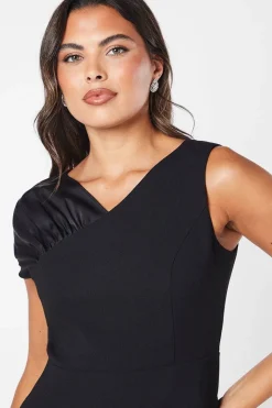 Ruched Shoulder Drape Skirt Crepe Midi Wedding Guest Dress