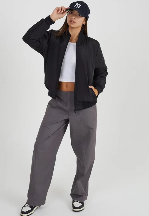 Ruched Sleeve Oversized Bomber Jacket