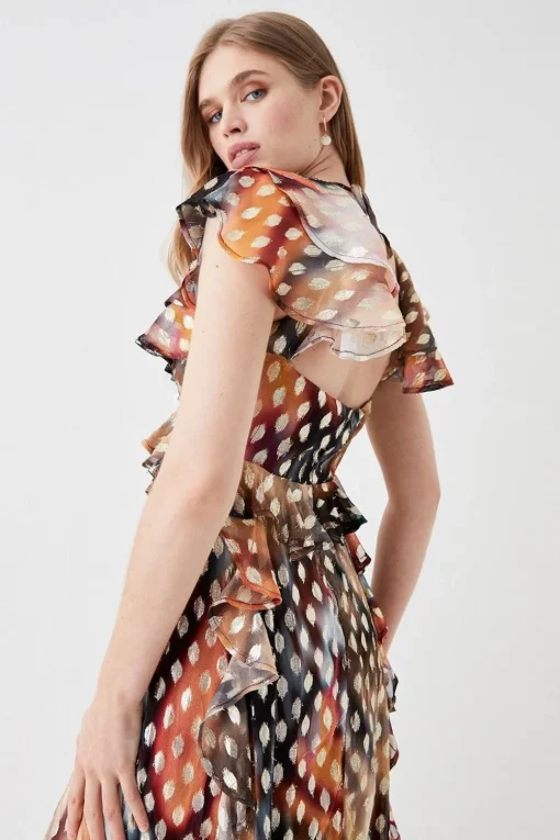 Ruffle Detail Metallic Maxi Dress