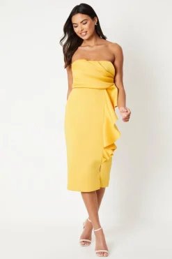 Ruffle Front Pleat Detail Bandeau Pencil Dress
