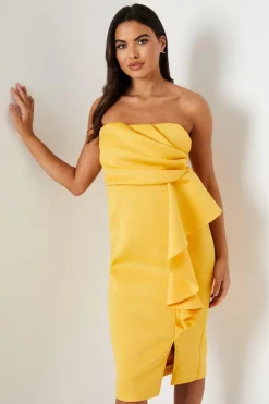Ruffle Front Pleat Detail Bandeau Pencil Dress