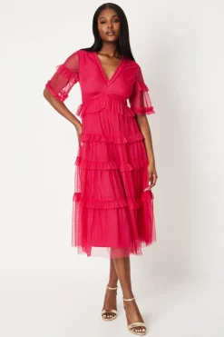 Ruffle Mesh Midi Dress