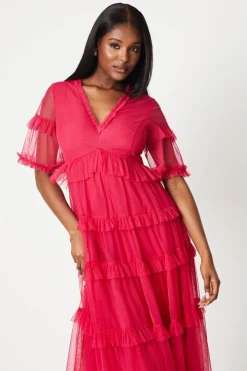 Ruffle Mesh Midi Dress