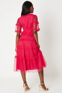 Ruffle Mesh Midi Dress