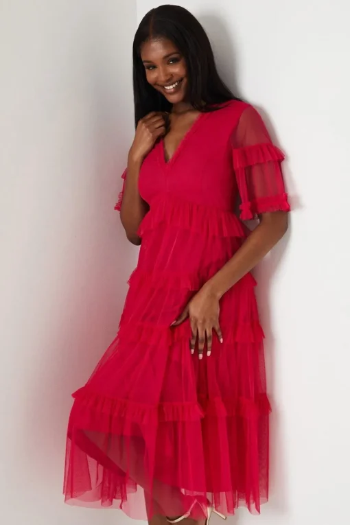 Ruffle Mesh Midi Dress