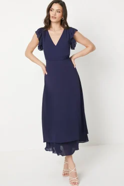 Ruffle Shoulder Chiffon Midi Dress