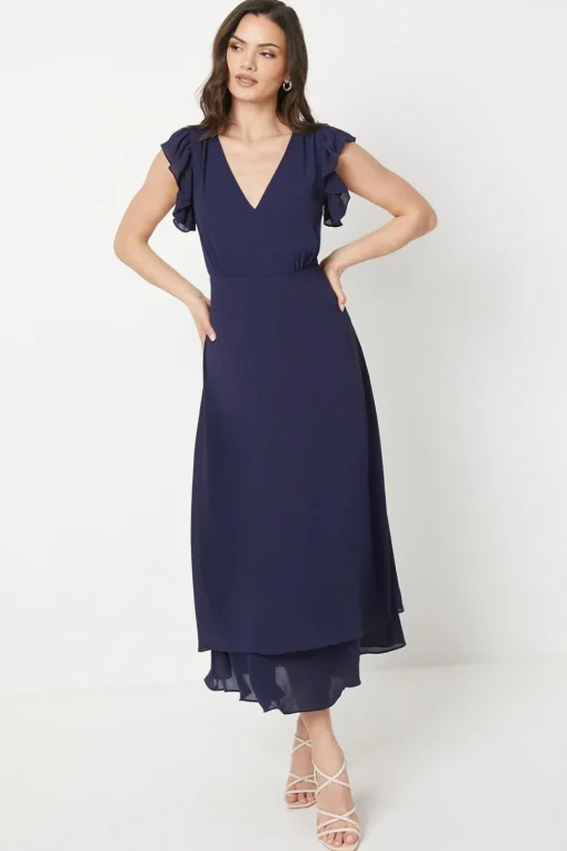 Ruffle Shoulder Chiffon Midi Dress