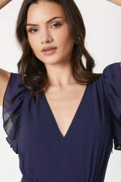 Ruffle Shoulder Chiffon Midi Dress