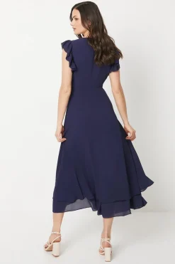 Ruffle Shoulder Chiffon Midi Dress