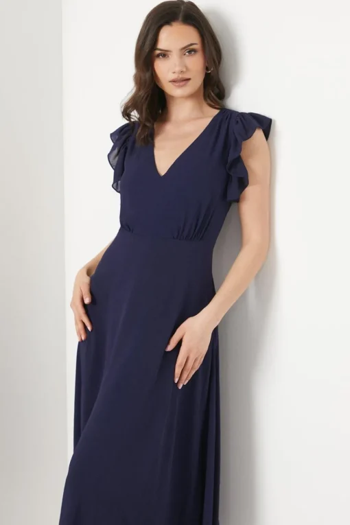 Ruffle Shoulder Chiffon Midi Dress
