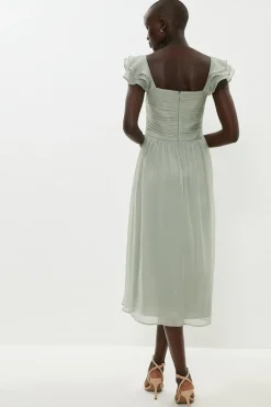 Ruffle Sleeve Crinkle Chiffon Midi Dress