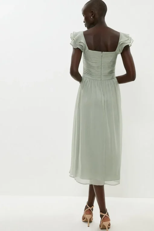 Ruffle Sleeve Crinkle Chiffon Midi Dress
