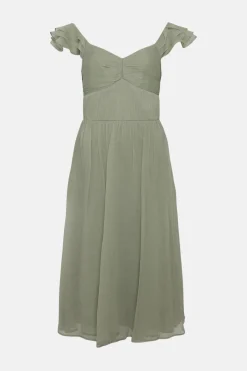 Ruffle Sleeve Crinkle Chiffon Midi Dress