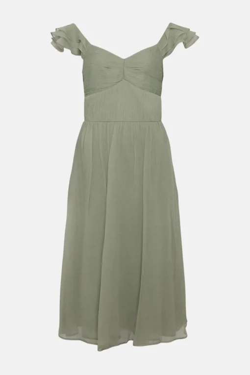 Ruffle Sleeve Crinkle Chiffon Midi Dress