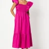 Ruffle Sleeve Shirred Bodice Midi Dress