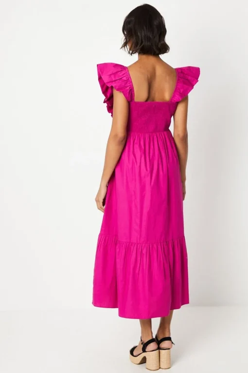 Ruffle Sleeve Shirred Bodice Midi Dress