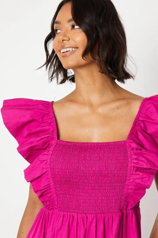 Ruffle Sleeve Shirred Bodice Midi Dress