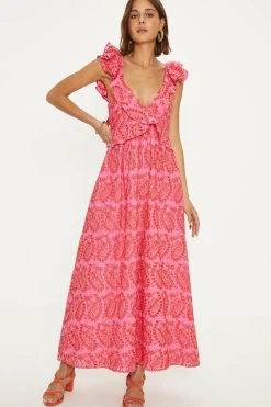 Ruffle Strap Tie Back Broderie Dress