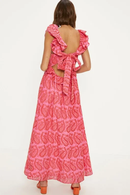 Ruffle Strap Tie Back Broderie Dress