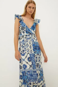 Ruffle Strap Tie Back Printed Broderie Dress