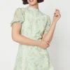 Sage Floral Dobby Chiffon Lace Trim Mini Dress