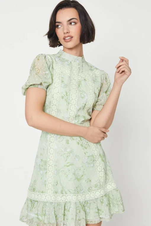 Sage Floral Dobby Chiffon Lace Trim Mini Dress
