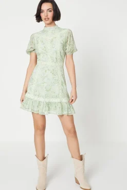 Sage Floral Dobby Chiffon Lace Trim Mini Dress