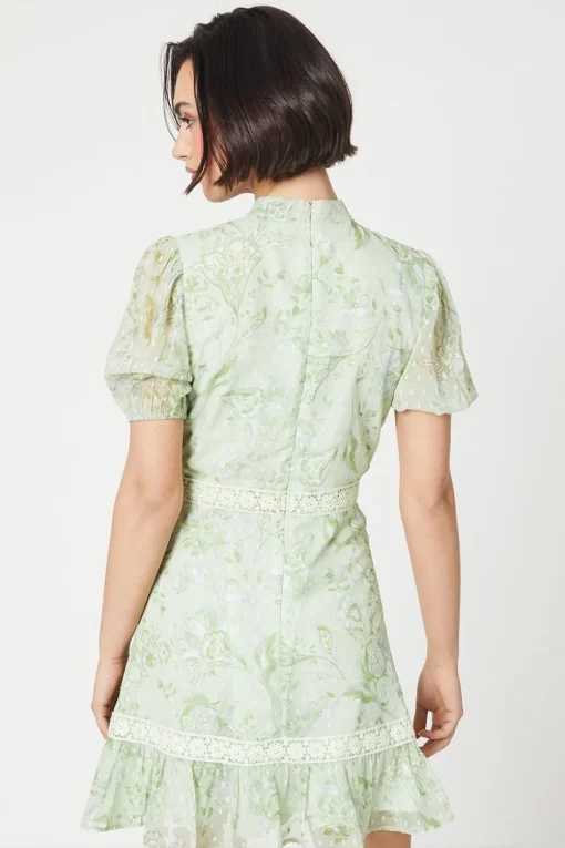 Sage Floral Dobby Chiffon Lace Trim Mini Dress