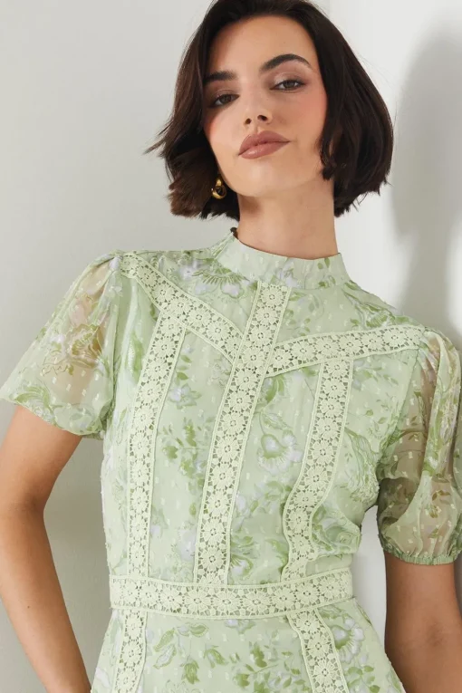 Sage Floral Dobby Chiffon Lace Trim Mini Dress