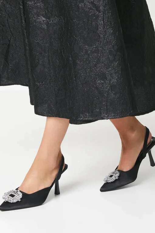 Samia Satin Jewelled Brooch Detail Slingback High Heel Court Shoes