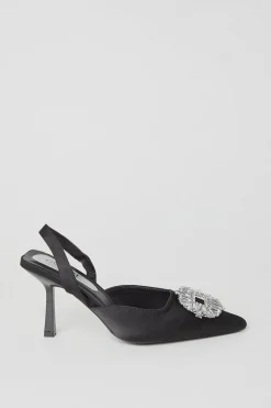 Samia Satin Jewelled Brooch Detail Slingback High Heel Court Shoes