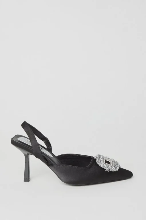 Samia Satin Jewelled Brooch Detail Slingback High Heel Court Shoes