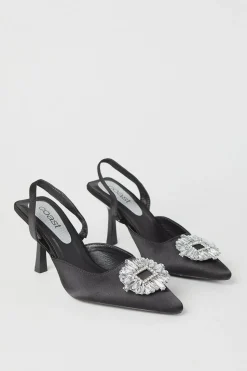 Samia Satin Jewelled Brooch Detail Slingback High Heel Court Shoes